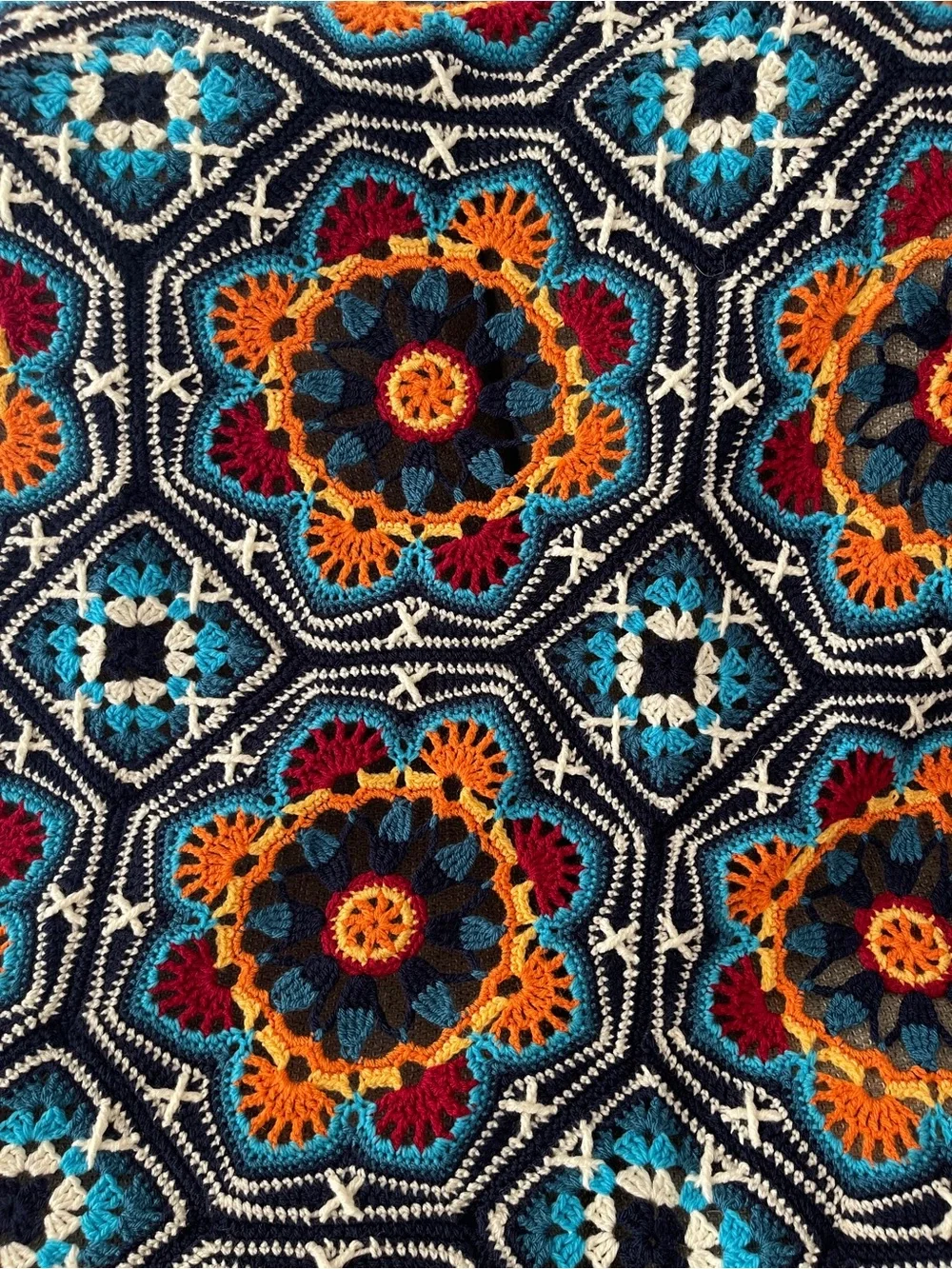 Crochet Throw Blanket, Blue & Orange, Persian Tile Style, Acrylic, 50” x 50”